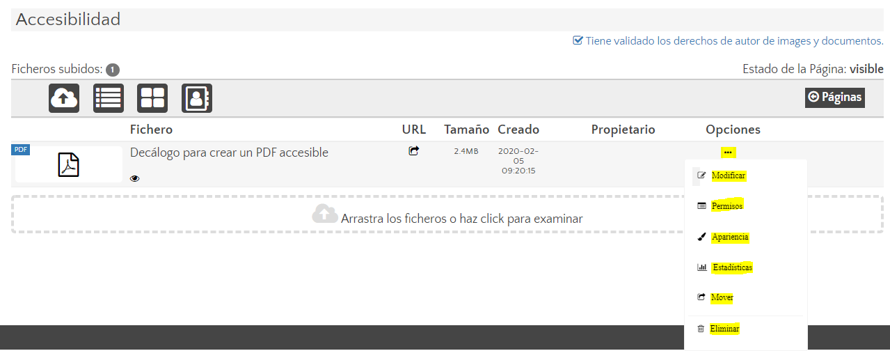Opciones de los archivos