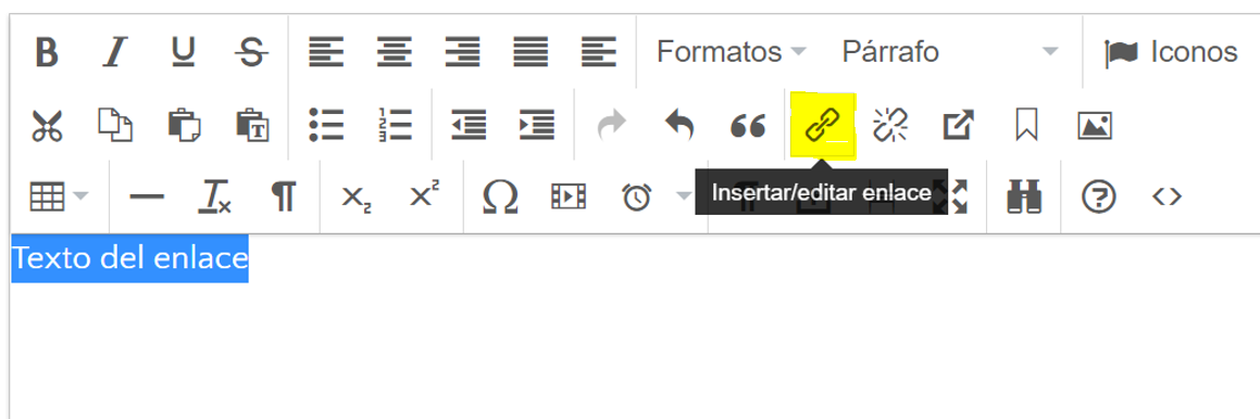 Botón insertar enlace. Widget Texto